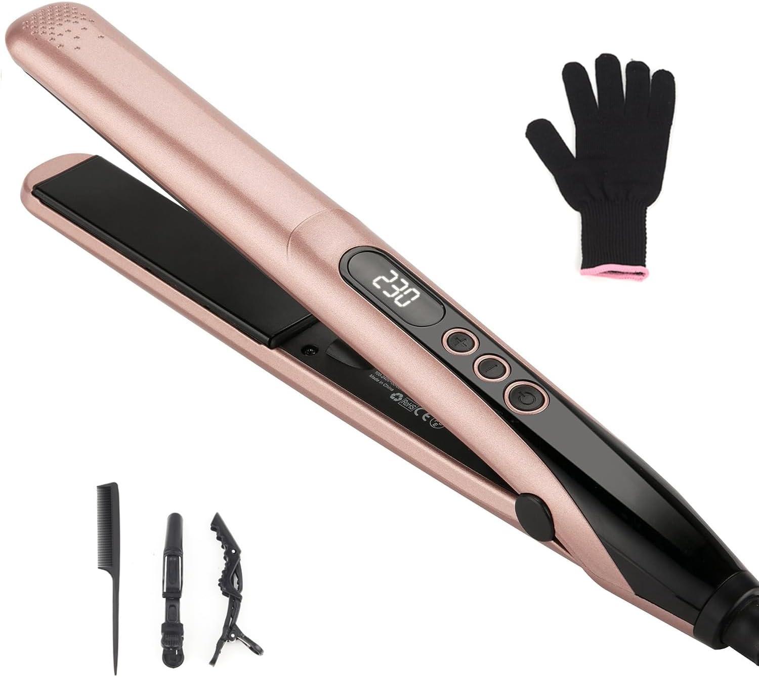 Hair Straightener, Professional Ceramic Plates Straightener for Women Hair Flat Iron and Hair Curler 2 in 1, Lasting Results, Digital Display 100°C–230°C, with Glove