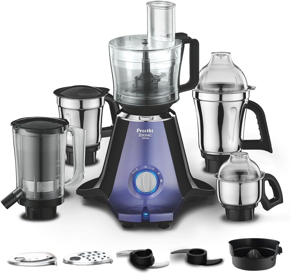 Preethi Zodiac Stardust Mixer Grinder for Kitchen, 5 Jars 750 Watt Mixie (3 Stainless steel Jars +1 Juicer Jar+1 Master Chef Plus Food processor Jar), Black/Copper (MG-265) (Lavender/Black)