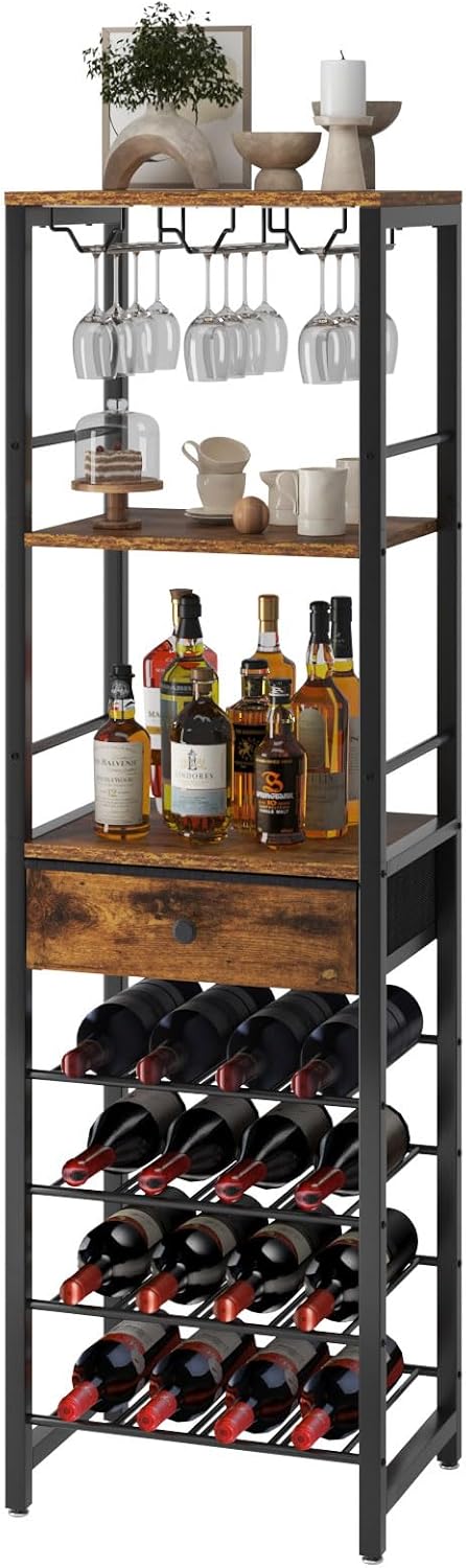 IBUYKE Wine Rack Freestanding Floor, Bar Cabinet,Coffee Bar Cabinet 4-Tier Wood bar Cabinet,Glass Holder and Storage Drawer for Home Bar Kitchen Living Room,Brown TMJ905H
