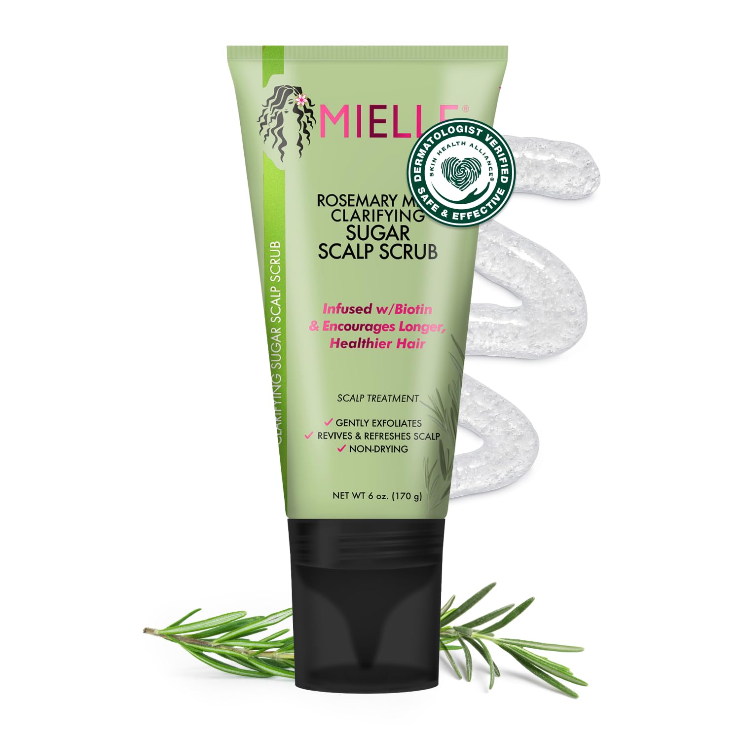 Mielle Organics Rosemary & Mint Sugar Exfoliating Scalp Scrub - Gentle Pre-Shampoo Dry Scalp Treatment for Oil & Product Buildup - Biotin Infused Non-Drying, Moisturizing Formula (6 Fl Oz)