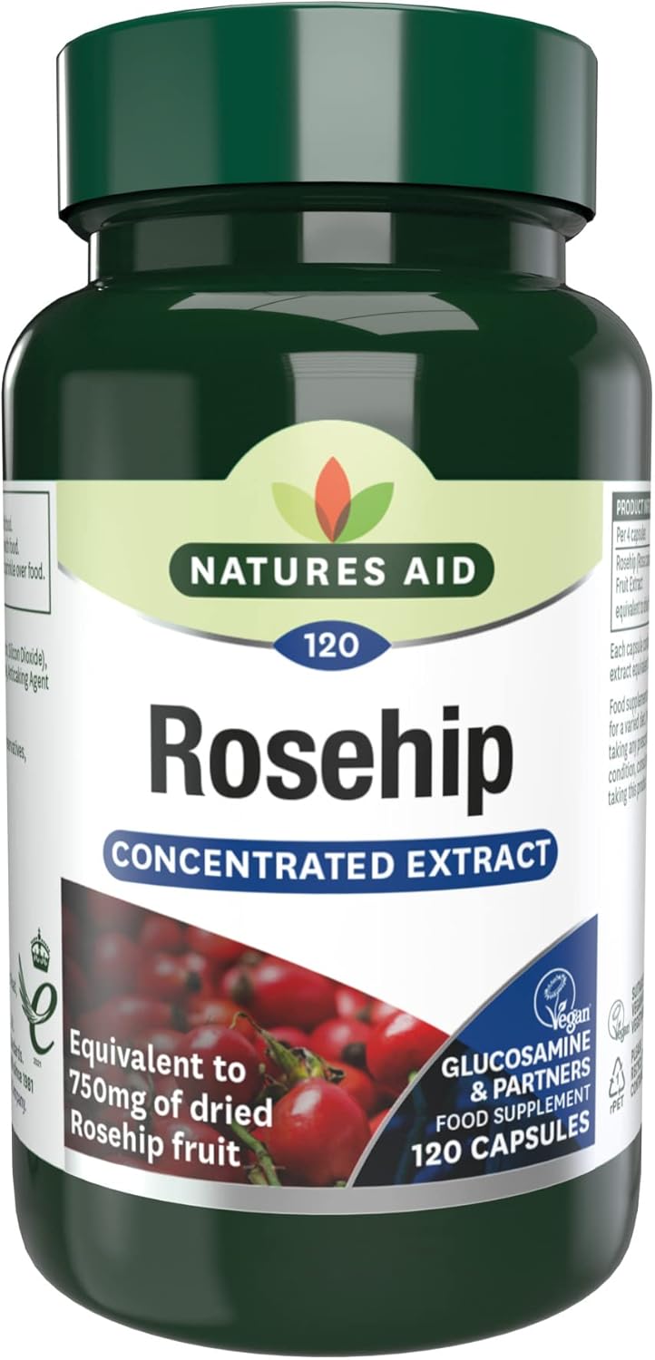 Natures Aid Rosehip 750mg 120 Capsules – High Strength Rosa Canina Extract for Joint Support, 3000mg Equivalent of Dried Fruit, Vegan, Gluten-Free, Vegetarian, No Gummies or Tablets