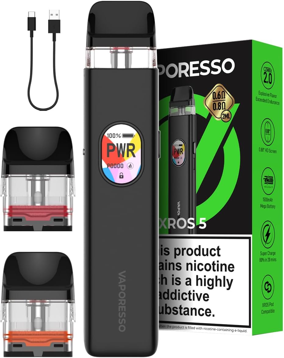 Vaporesso XROS 5 Vape Pod Kit [Cosmic Black] – 1500mAh Battery, Fast Charge in 15 Min (3A), Anti-Leak Tech, 0.88” Display – 2 COREX 3.0 Pods (0.6Ω + 0.8Ω) – Refillable – 10 Colours