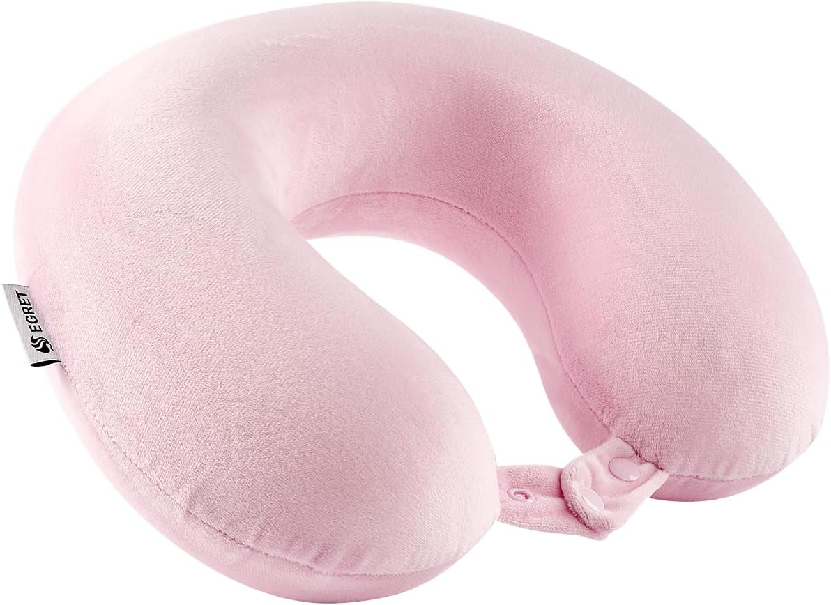 Egret Memory Foam Neck Pillow for Travel - Ergonomic Support for Head, Neck & Chin - Comfort for Airplane, Car, Office (Pink)