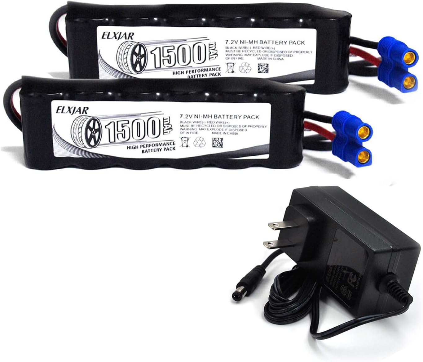 (2-Pack) 7.2V 1500mAh 6-Cell NiMH Rechargeable Battery with EC3 Connector, Compatible with Mini RC Cars, High-Performance Vehicles, and Racing Models, DYNB2473