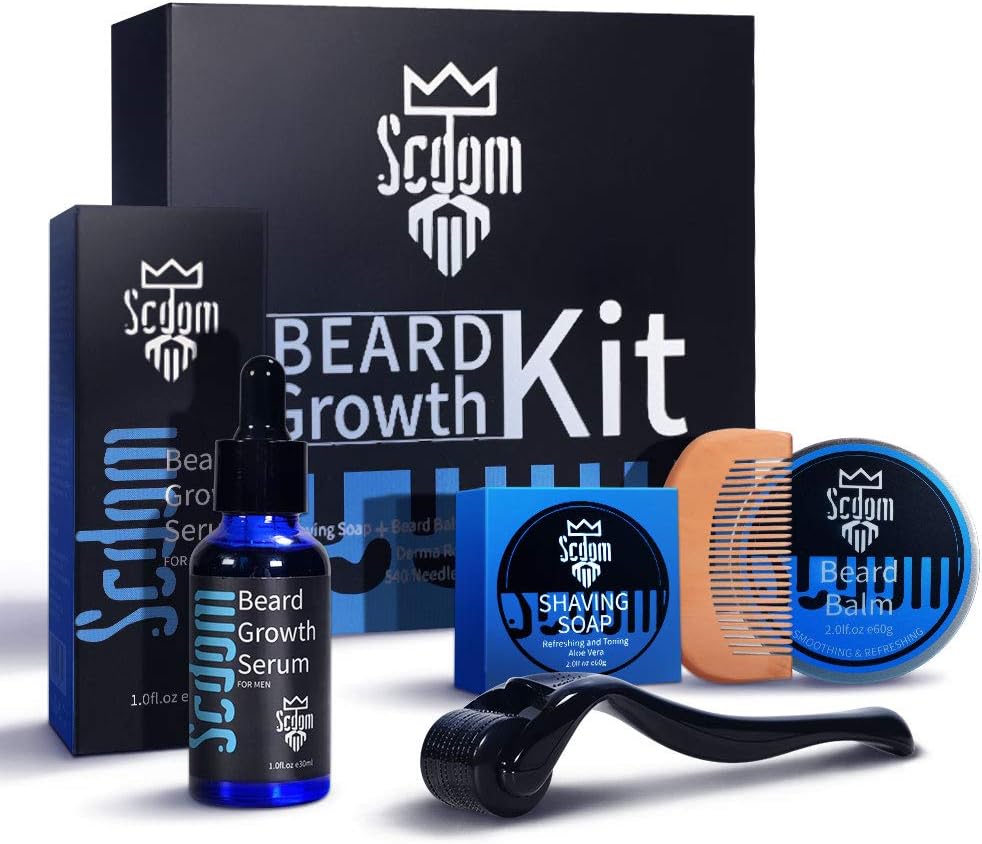 Beard Growth Kit, Scdom Grow a Kit for Men with Titanium Derma Roller + Serum Oil Balm Cleansing Soap Comb, Grooming Tool Best Gift Men/Dad, Black, 1.0 count