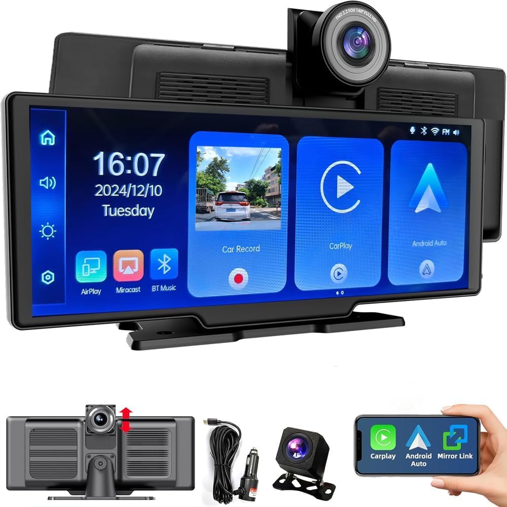 10.26 Inch 1280 * 720 IPS Touchscreen Portable Car Stereo with Wireless Carplay & Android Auto, 4K DVR Dash Cam and 1080P AHD Backup Camera AUX/FM/Bluetooth/Mirror Link/Airplay/Split-Screen