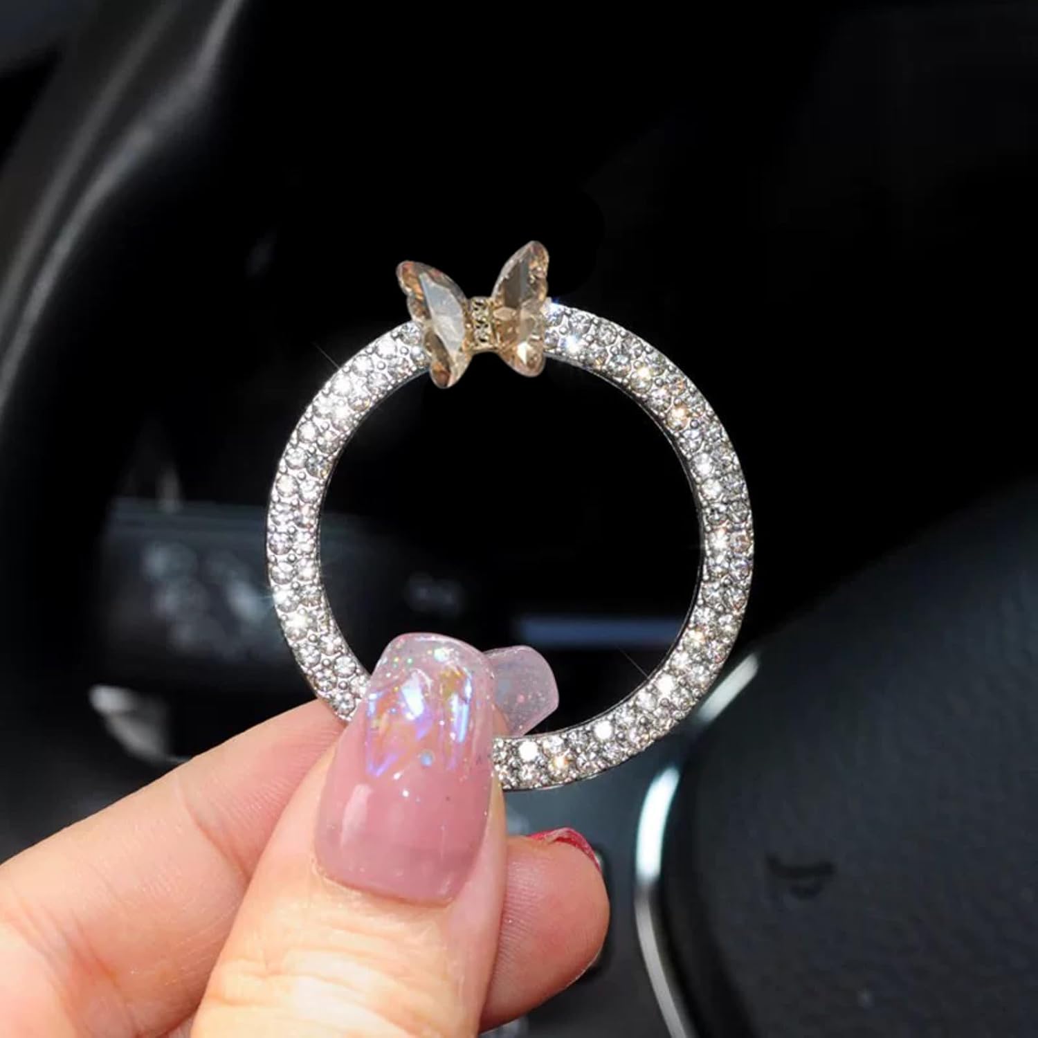 Champagne Butterfly Bling Ring Emblem Car Accessories - Bling Crystal Car Engine Start Stop Button Cover, Car Decoration Interior Sticker for Women Girl - Silver