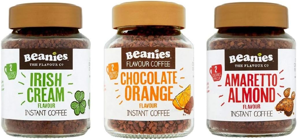 Beanies Flavoured Instant Coffee Jars 3x50g ; Amaretto Almond, Chocolate Orange & Irish Cream