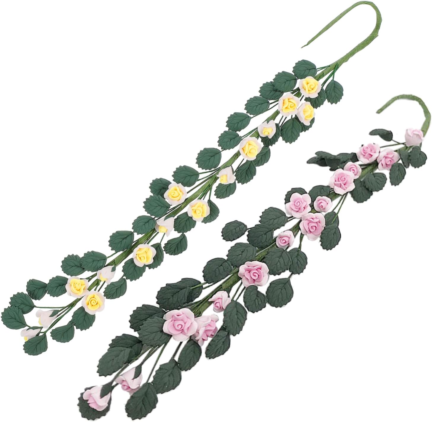 VICASKY 2pcs Mini Artificial Rose Flower String Simulation Plants Resin Ornament for Dollhouse Decor Yellow and Pink Floral Adornment