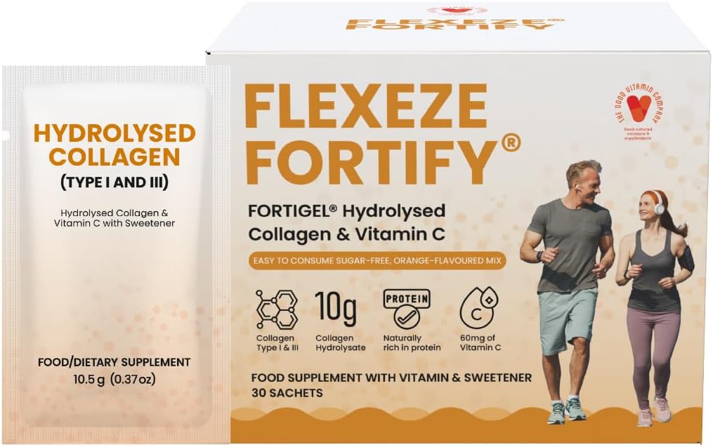 Flexeze Fortify: 30 Sachets - Fortigel Collagen Peptides Types I & III, Vitamin C, Delicious Orange-Flavoured Concentrate with 10,000mg of Premium Hydrolysed for Joints, Hair, Skin, Nails, Muscles