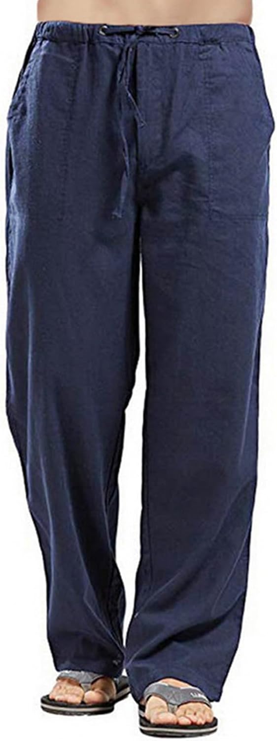 Remxi Mens Linen Trousers Loose Fit Beach Pants Lightweight Drawstring Elastic Waist Straight Legs Trousers