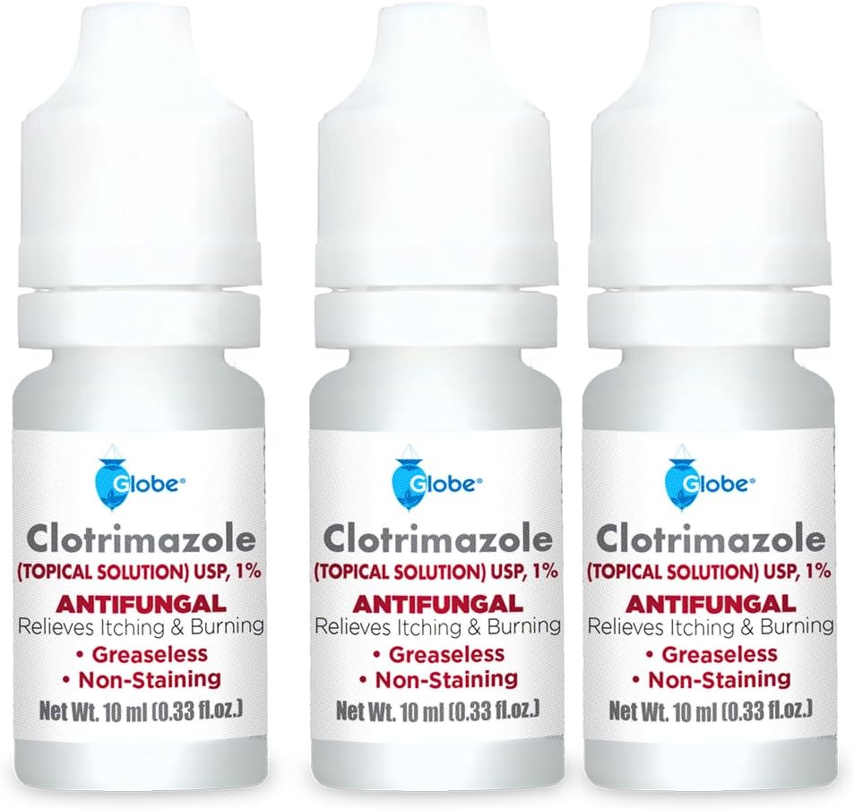 Globe (3 Pack) Clotrimazole 1% Antifungal Topical Solution for Athlete’s Foot, Jock Itch and Ringworm. 10ml Bottle (0.33 Fluid Ounce Liquid) (3 Bottles)