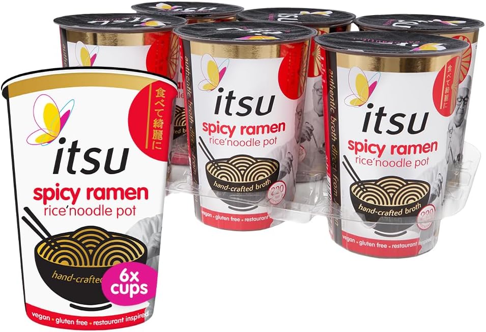 itsu Spicy Ramen Rice Noodles | Instant Noodle Cups | Authentic Japanese Flavour | Vegan & Gluten-Free | Low-Calorie | Quick-to-Make Snack | Pack of 6