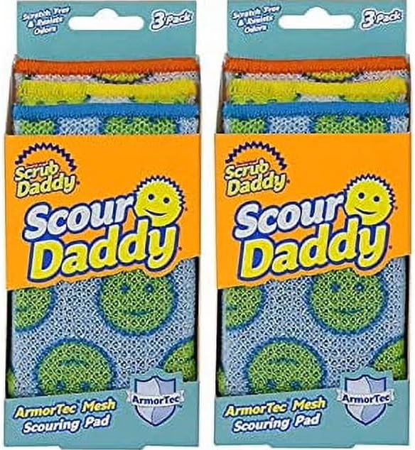 Scrub Daddy Scour Pads - Scour Daddy - Multi-Surface Scouring Pad, Absorbent, Durable, FlexTexture Sponge, Soft in Warm Water, Firm in Cold, Scratch Free, Odor Resistant, Easy to Clean 3ct (Pack of 2)