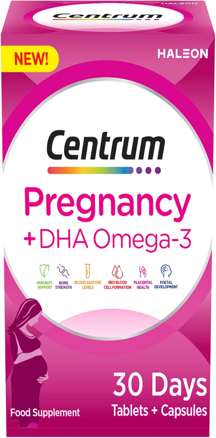 Centrum Pregnancy Vitamins for Women, Pregnancy Vitamins with DHA, Omega 3 and Folic Acid, 60 Count, 30 Day Supply