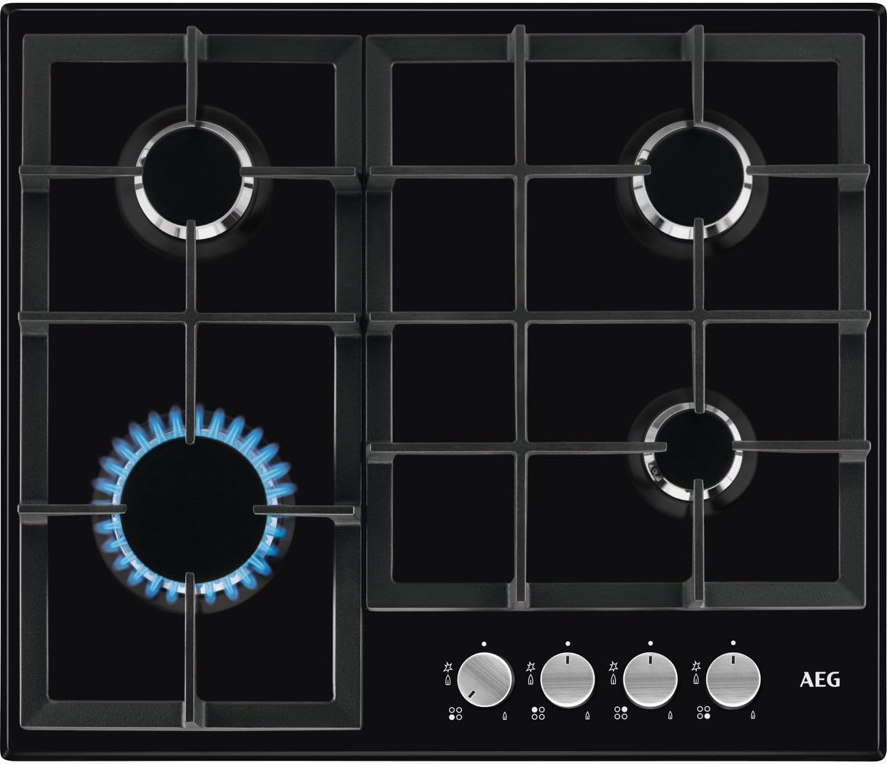 AEG 3000 Series Gas Hob, HGX64200SB, 4 Burners, 60cm, Cast Iron