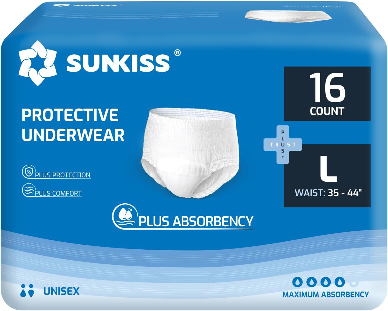SUNKISS TrustPlus Incontinence Pants for Men and Women, Adult Pull Ups, Disposable Protective Underwear, Maximum Absorbency, Odour Control, Large, 16 Count