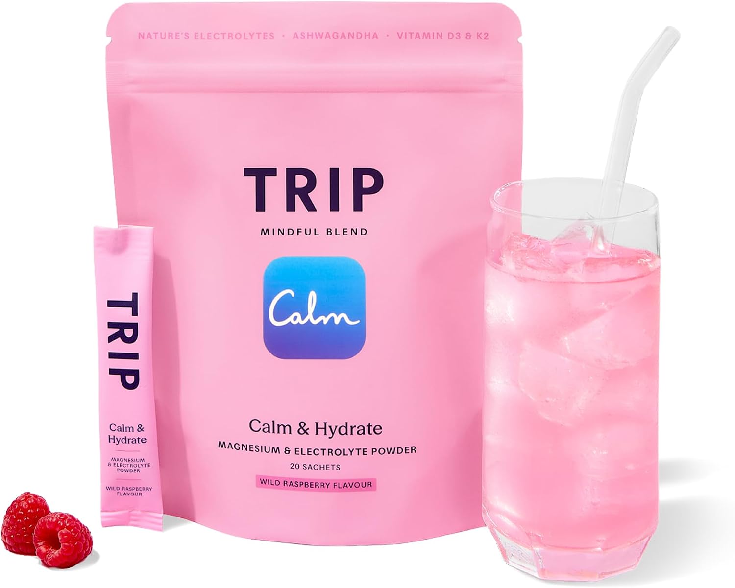 TRIP Calm Electrolyte Magnesium Powder, Wild Raspberry, 20 Sachets