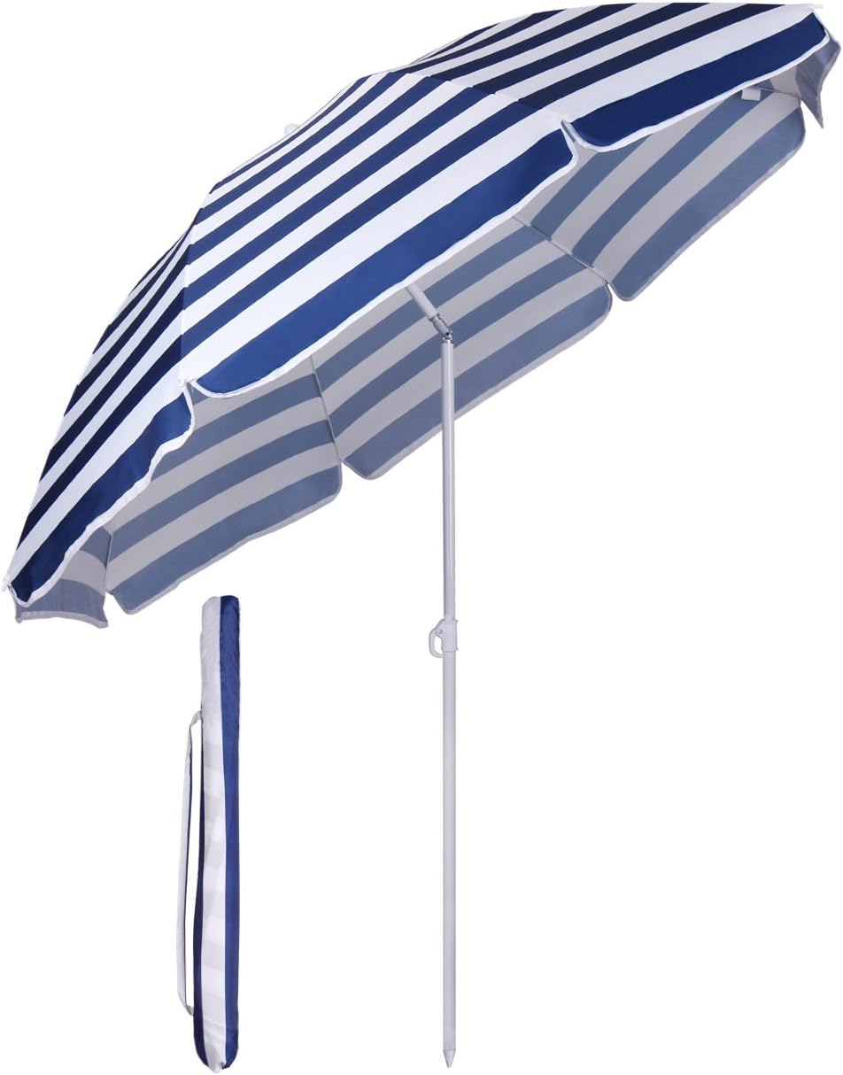 Sekey 1.6m Beach Umbrella with Cover, Portable Tilting Garden Parasol Umbrella, Sun Parasol for Beach/Pool/Patio, Round Sunscreen UV20+ Blue and White