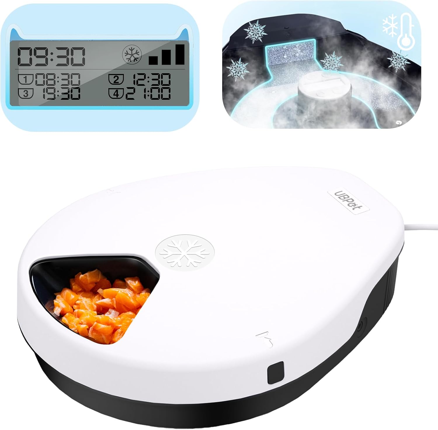 UBPET Automatic Cat Feeder Wet Food with Cooling, Semiconductor Refrigeration, with Timer, 5 Food Compartments for 330g Pet Food Each, Premium Meal Plates, Washable, for Cats, Dogs