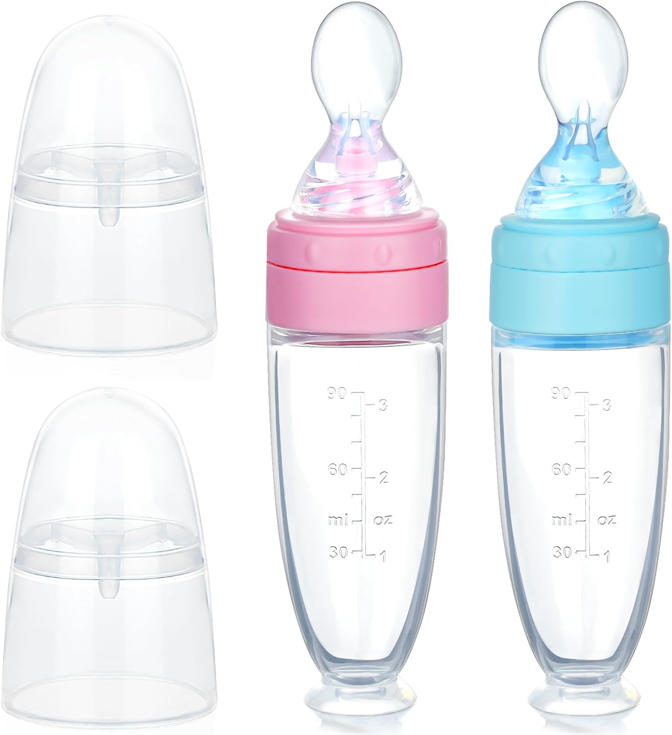 Aolso Baby Food Dispensing Spoon, 2pcs Silicone Infant Squeeze Feeding Bottle, Baby Bottle with Spoon for Cereal Puree,Solid Food,90ML(Blue-Pink)