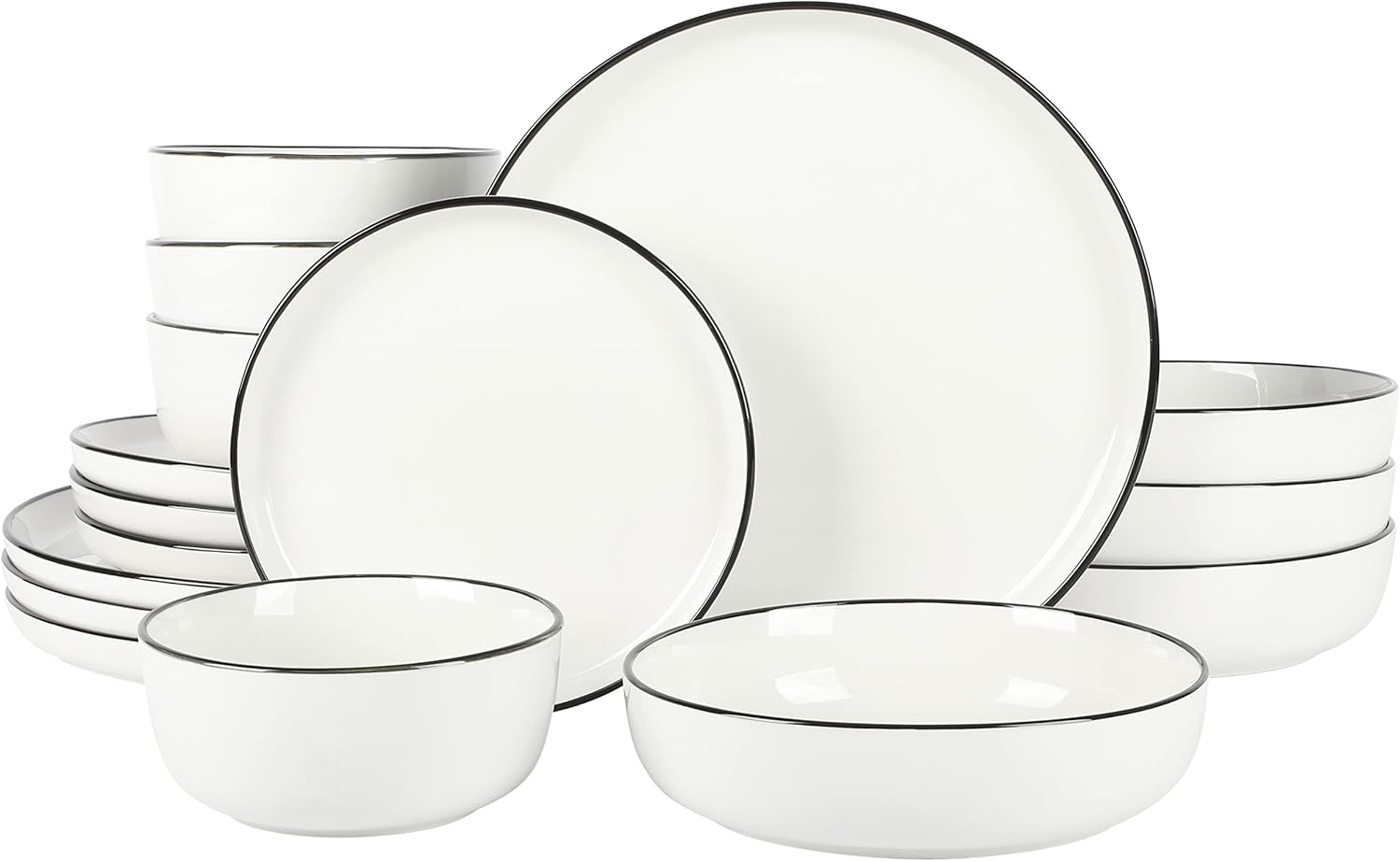 Gibson Home Oslo 16-Piece Porcelain Dinnerware Set, Service for 4 – White Plates with Black Rim, Microwave & Dishwasher Safe