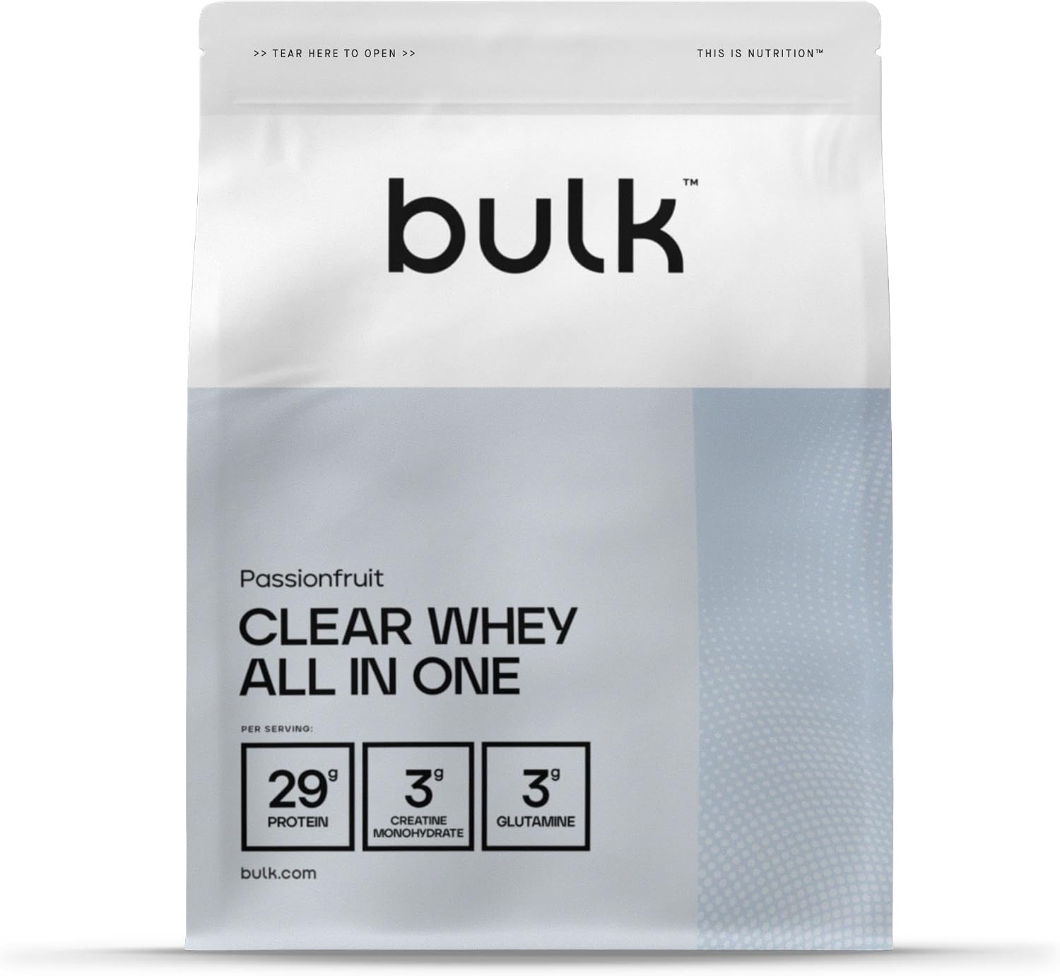 Bulk Clear Whey All in One, Protein Powder Shake With Creatine, Glutamine, BCAA, Carbohydrates, Passion Fruit, 500 g, 10 Servings, Packaging May Vary
