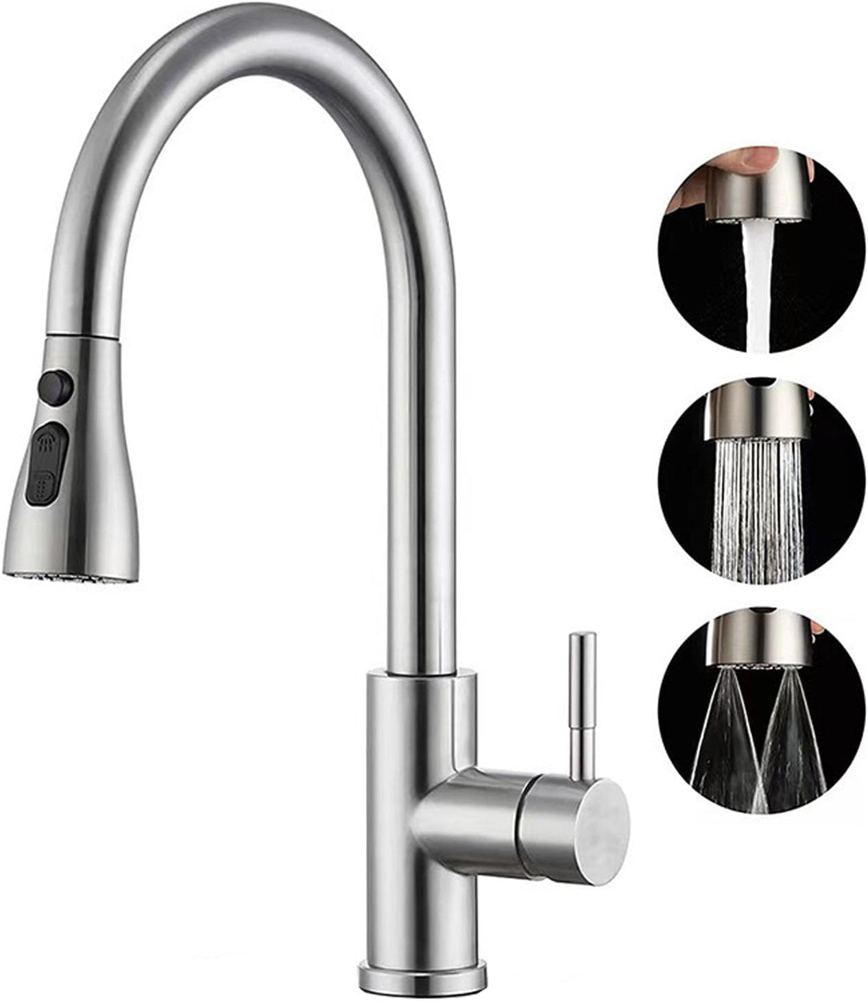 Kitchen Tap, Kitchen Mixer Taps with Pull Out Sprayer, Swivel Single Handle High Arc Pull Down Stainless Steel Sink Faucet, 360° 3 Spray Mode Mixer Tap, Stainless Steel