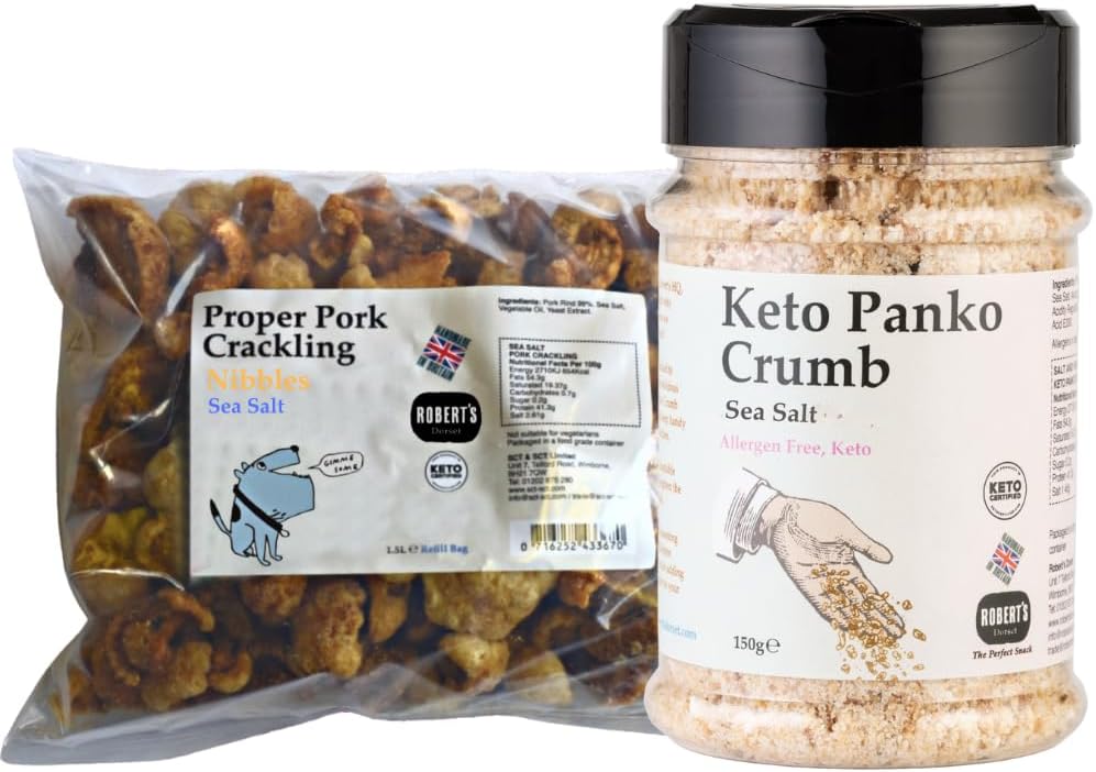 Proper Pork Crackling Nibbles + Keto Panko Rind Crumb Bundle - Keto, Gluten & Allergen Free, Low Carb, High Protein - Handmade in Britain with Family Recipe (Sea Salt)