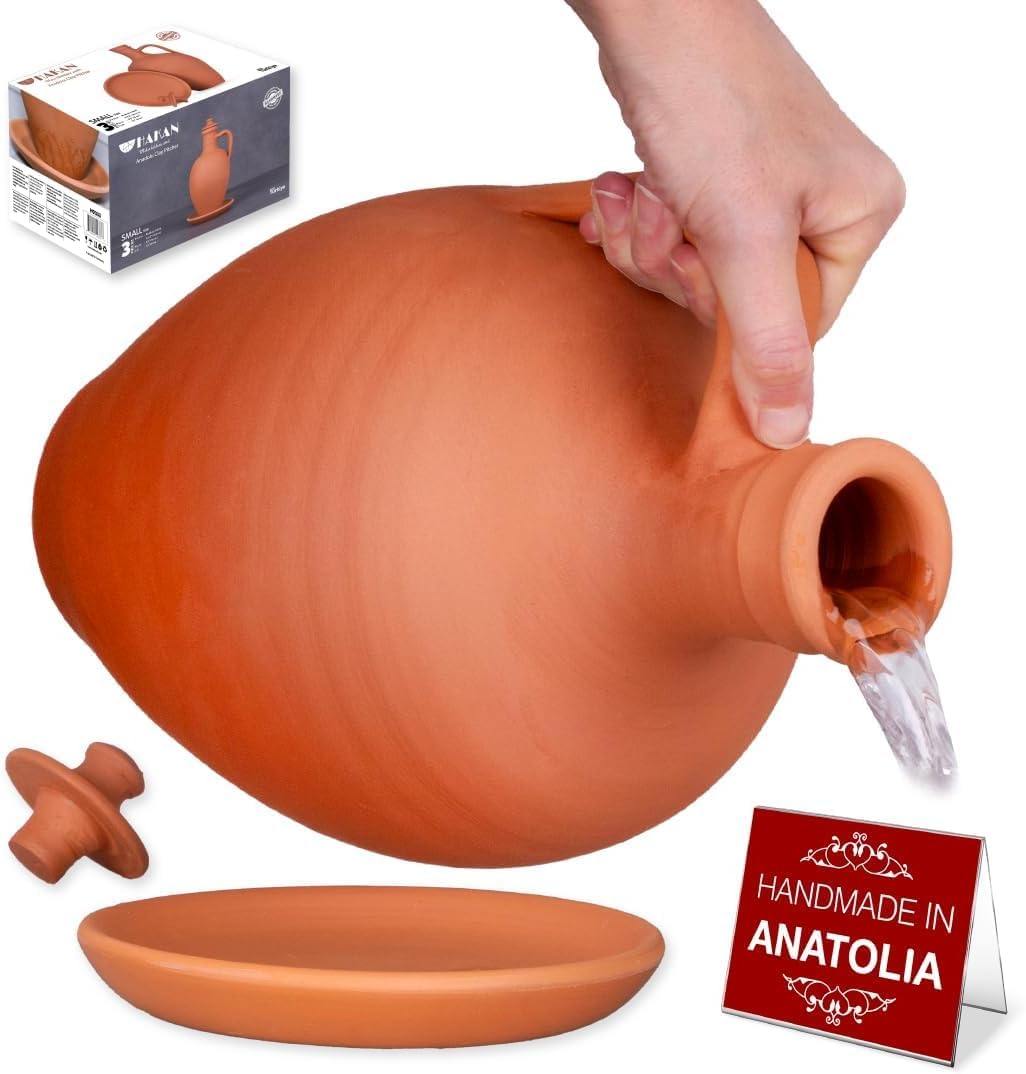 Hakan Anadolu Natural Clay Water Pitcher Set | Unglazed Terracotta Water Carafe & Plate | Traditional Small Mud Jug | Pottery Jar for Drinking Water (Large - 106 oz)