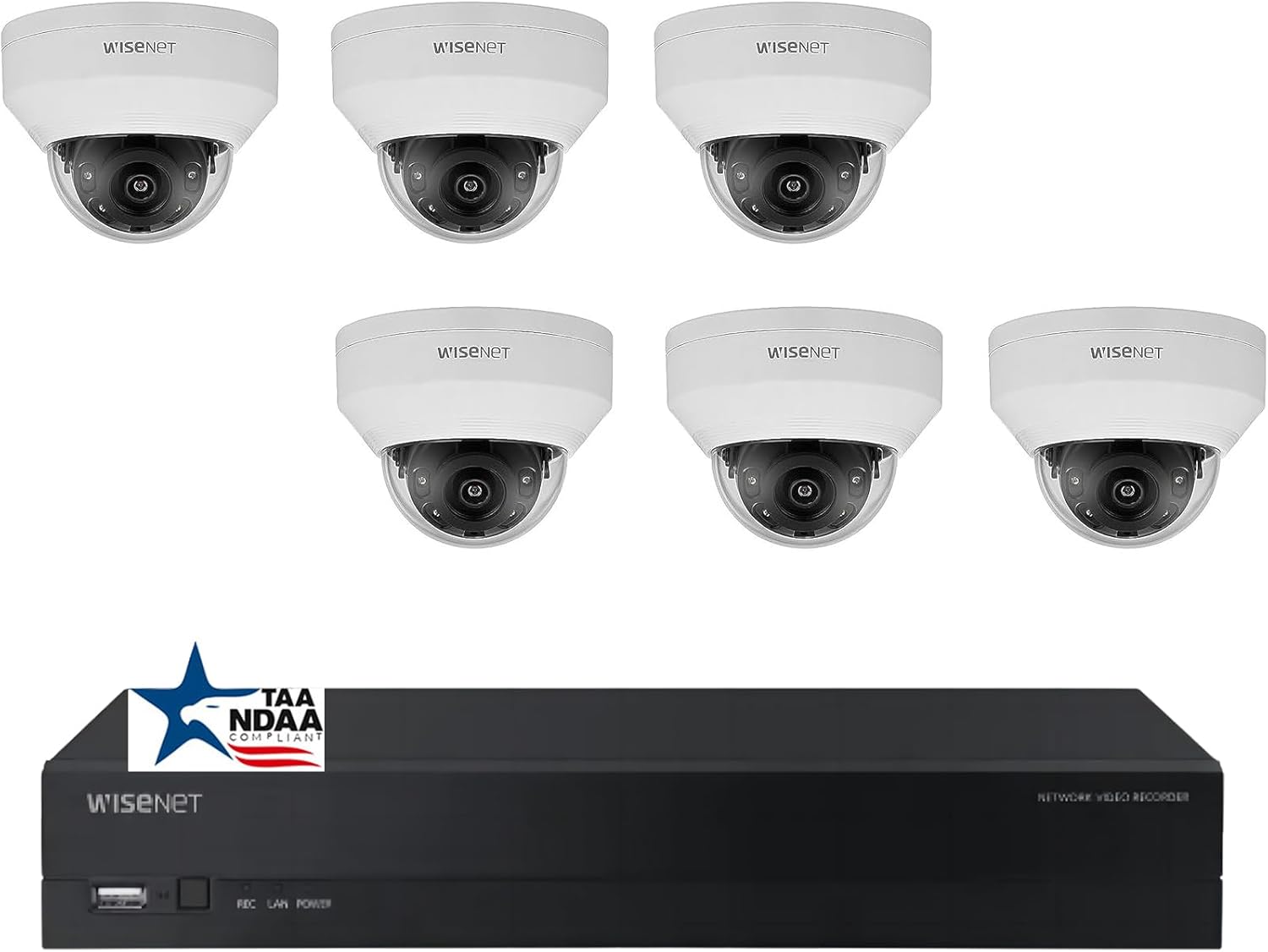 Hanwha A-Series 8 Channel PoE IP Camera System, NDAA TAA Compliant for Government Projects, ARN-810S 8 CH 4K H.265 NVR with 6 pcs ANV-L7012R 4MP IP PoE Dome Weatherproof IP Cameras 2TB Storage