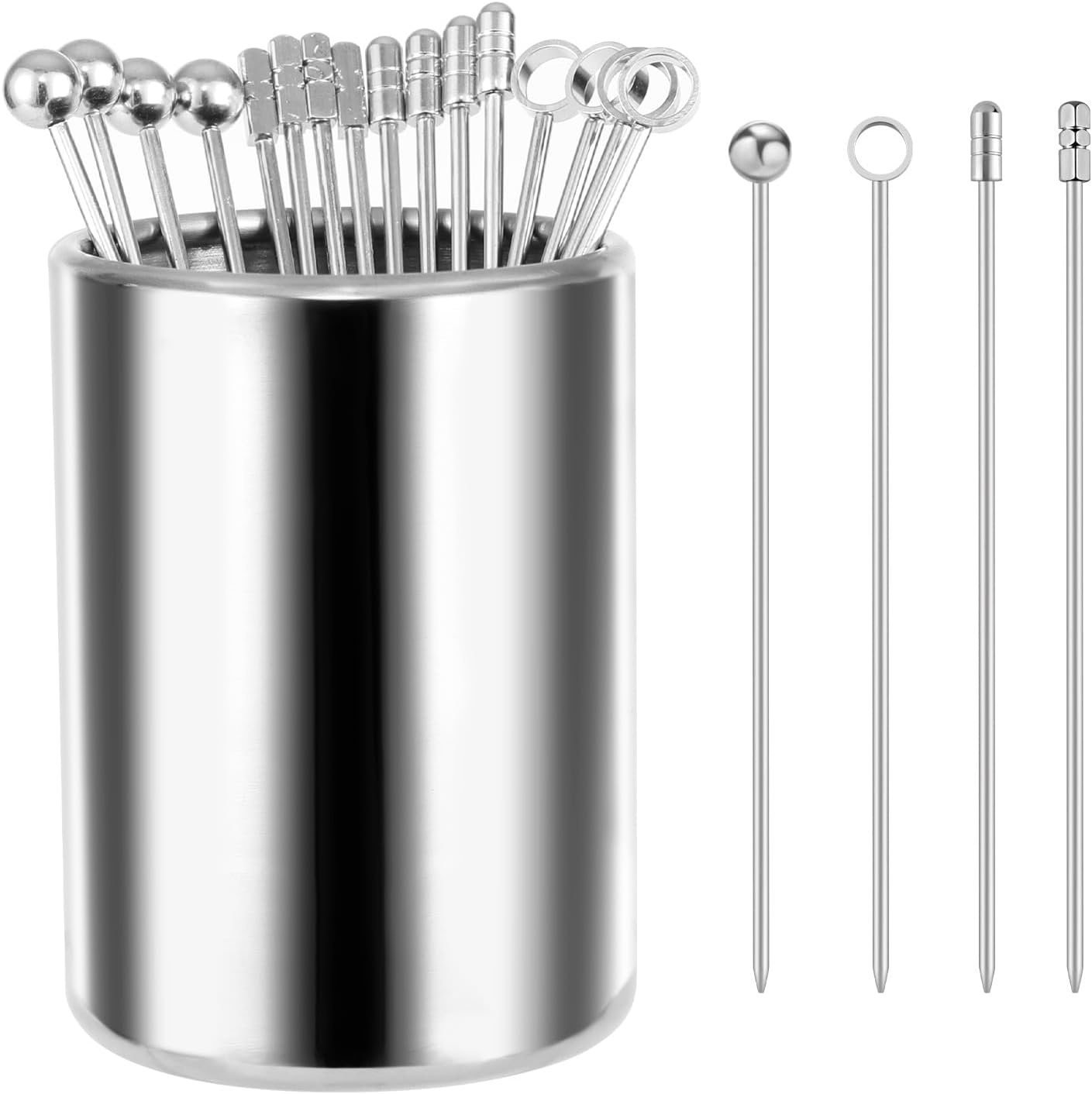 Cocktail Picks, 16Pcs Metal Martini Picks, Reusable Stainless Steel Drink Stick with Storage Cup, Bloody Mary Skewers for Appetizers Sandwiches, BBQ Snacks, Olives Fruits