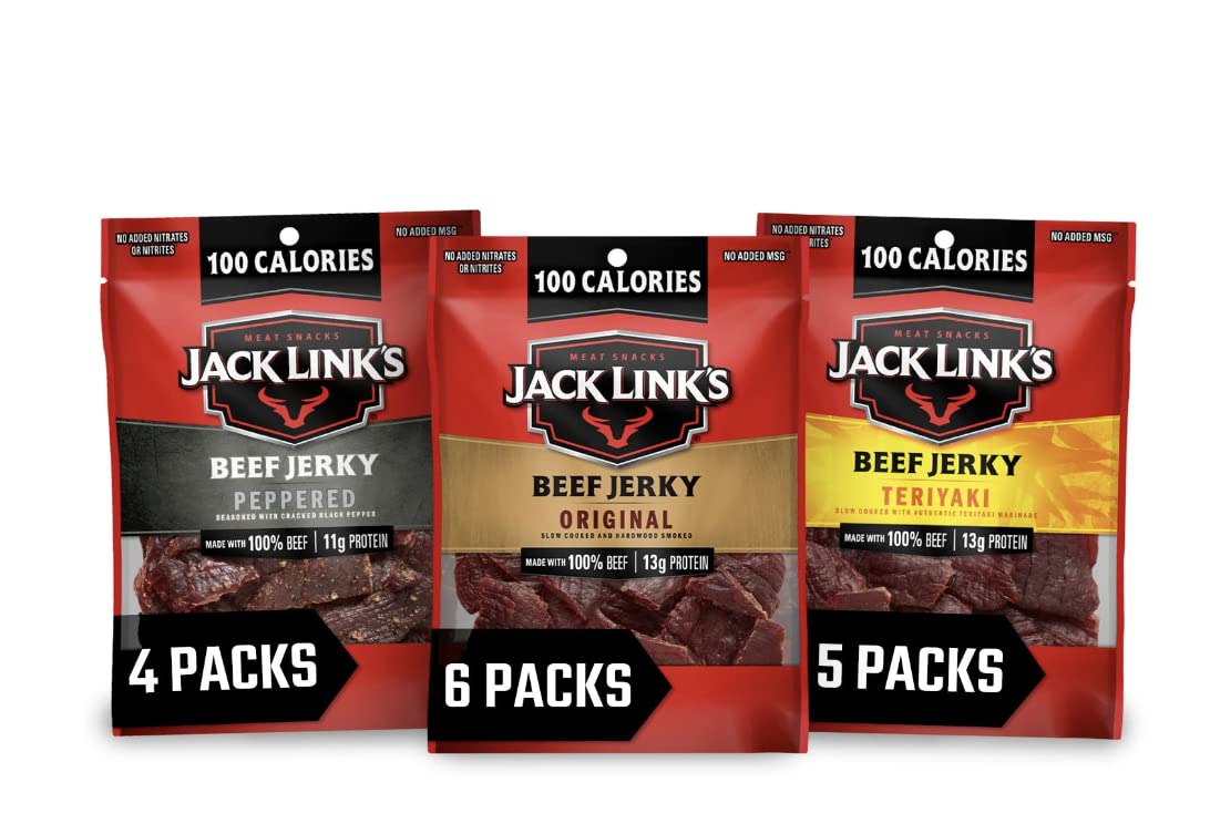 Jack Link's Beef Jerky Variety Pack – Includes Original, Teriyaki and Peppered Jerky, Bulk Protein Snack Pack, Good Source of Protein, Meat Snacks Made with 100% Beef – 1.25 Oz (Pack of 15)