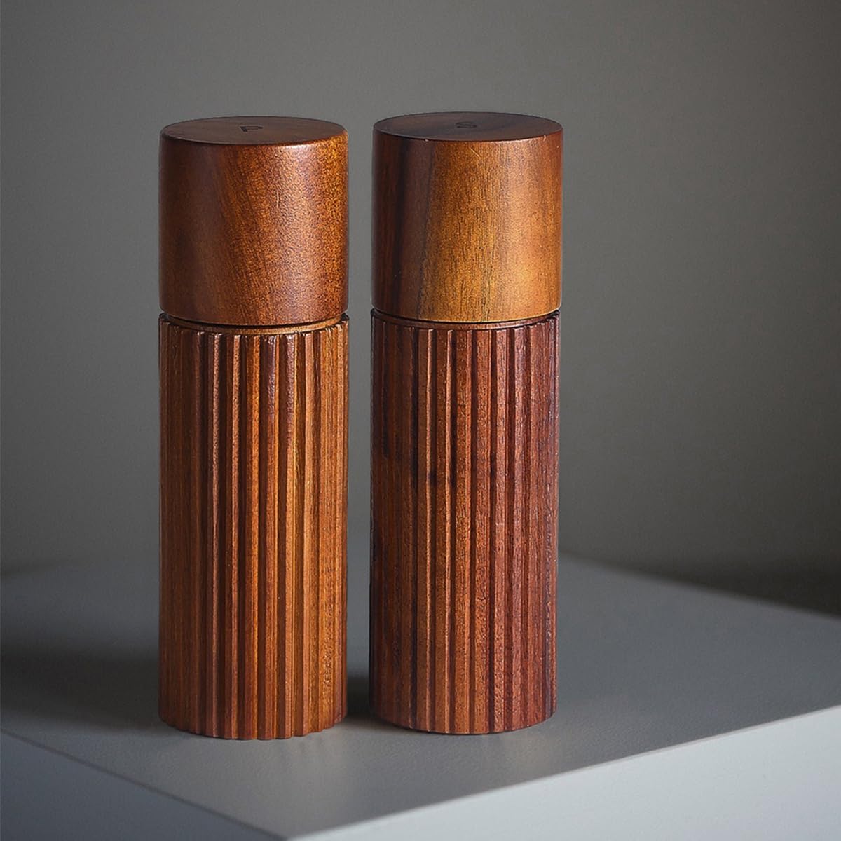 Acacia Wood Salt and Pepper Grinder Set with Ceramic Grinder - Manual Pepper Mills with Non-Slip Ribbed Design, Marked S&P Lids, 6.5 Inch