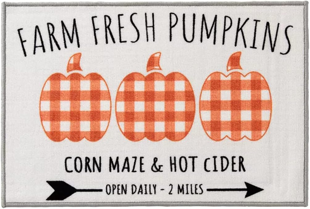 Natco Thankful Home Accent Rug, Farm Fresh Orange Plaid Pumpkin Patch Fall Print, Non-Skid Backing, 30 x 20 Inches, for Autumn and Thanksgiving Kitchen Decor