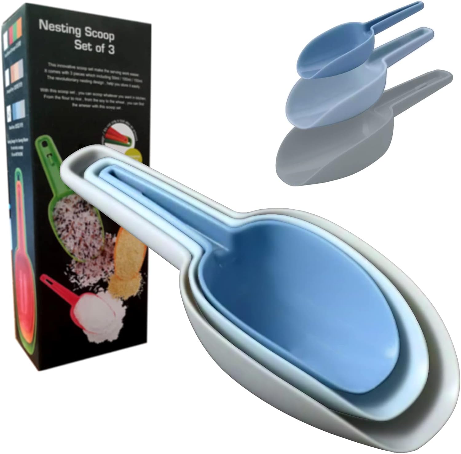 Flour Scoop Set of 3 for Canisters, Ice, Popcorn, Pet Food, Dry Goods, Coffee Beans, Candy - Plastic Scoops 1.7/3.4/5.1 oz