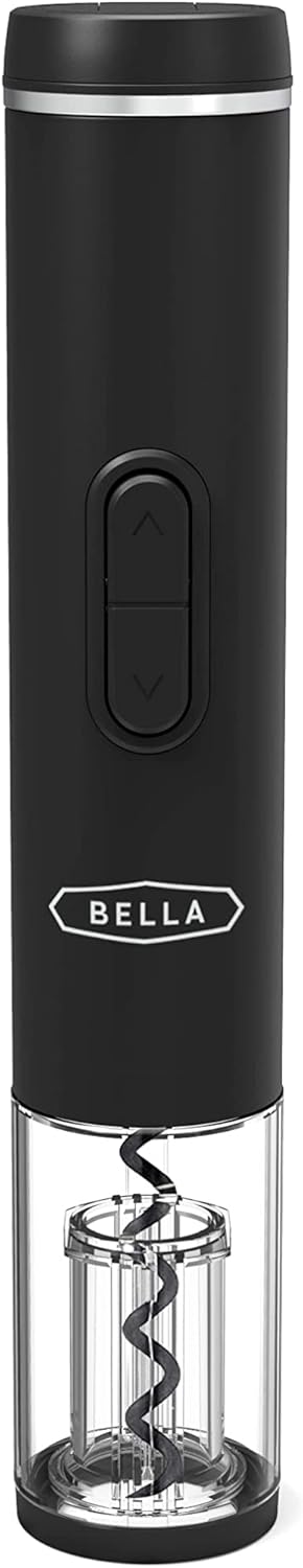 bella Electric Wine Opener, Automatic Bottle Opener and Corkscrew Remover with Foil Cutter, Battery Operated, One-Click Button, Fun Kitchen Gadgets and Gifts for Wine Lovers and New Home, Black
