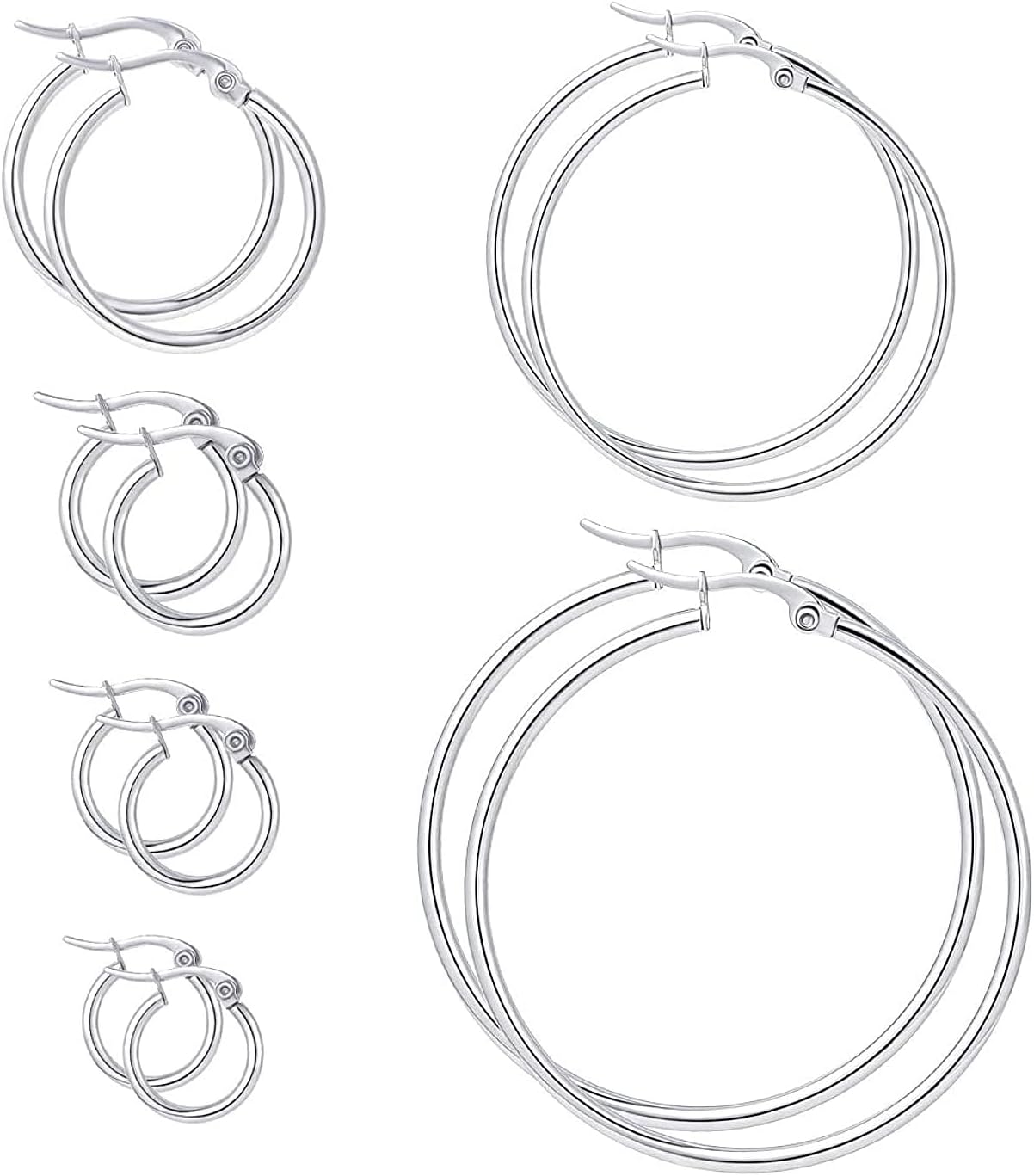 Xelparuc Silver Hoops Earrings for Women, 6 Big Pairs Stainless Steel Hoop Earrings, Thin Hypoallergenic Oversize Earrings Jewelry for Women Girls(Size: 15/20/30/40/50/60mm)