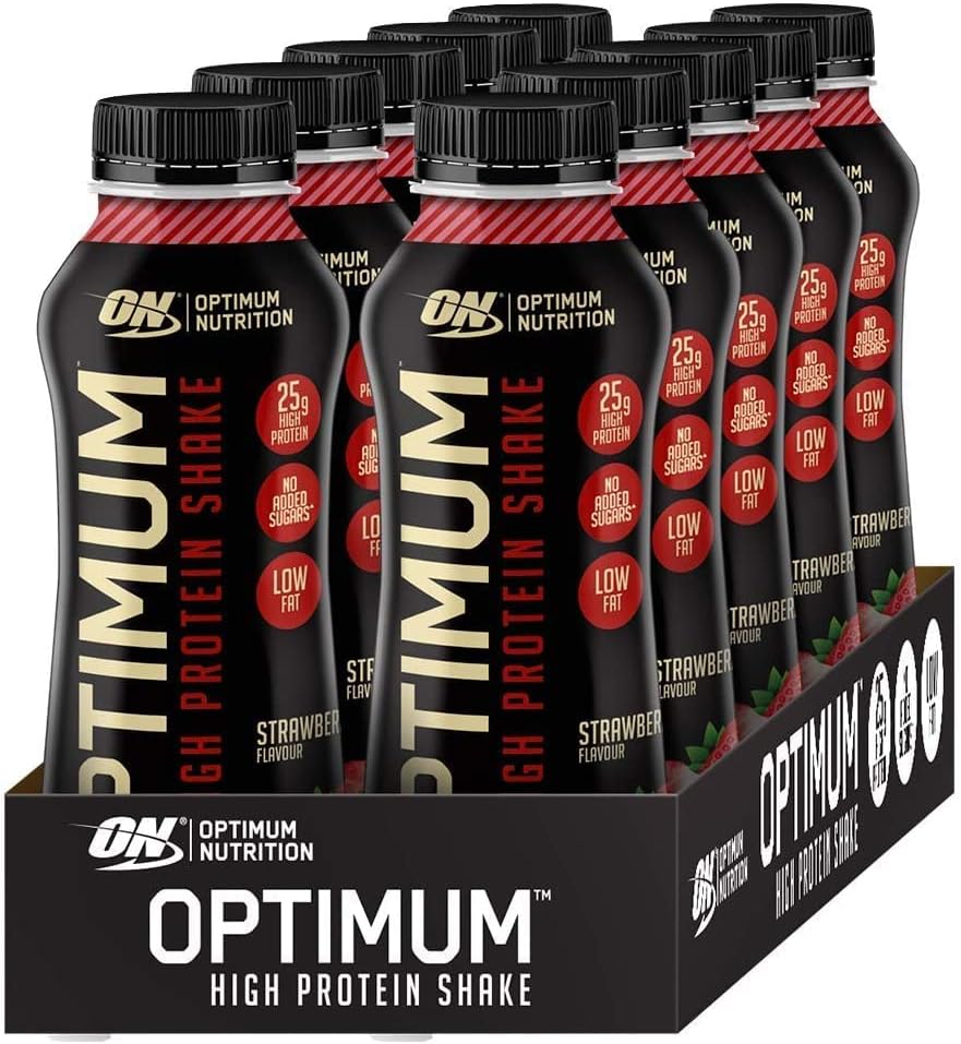 Optimum Nutrition High Protein Shake Bottles, Ready To Drink Healthy Snacks, No added sugars, low fat , Post Workout Snack for Men and Women, Strawberry Flavour, 12x330ml, Packaging may vary