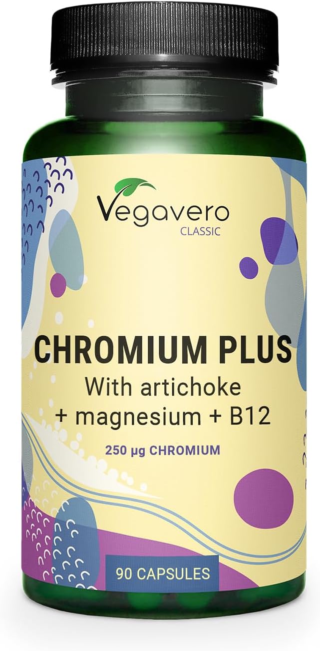 Vegavero Chromium Picolinate 2100 µg | 250 µg Elemental Chrom Plus Magnesium, VIT B12 and Artichoke Extract | Blood Sugar Supplement* | NO Additives, Lab-Tested | 90 Capsules | Vegan