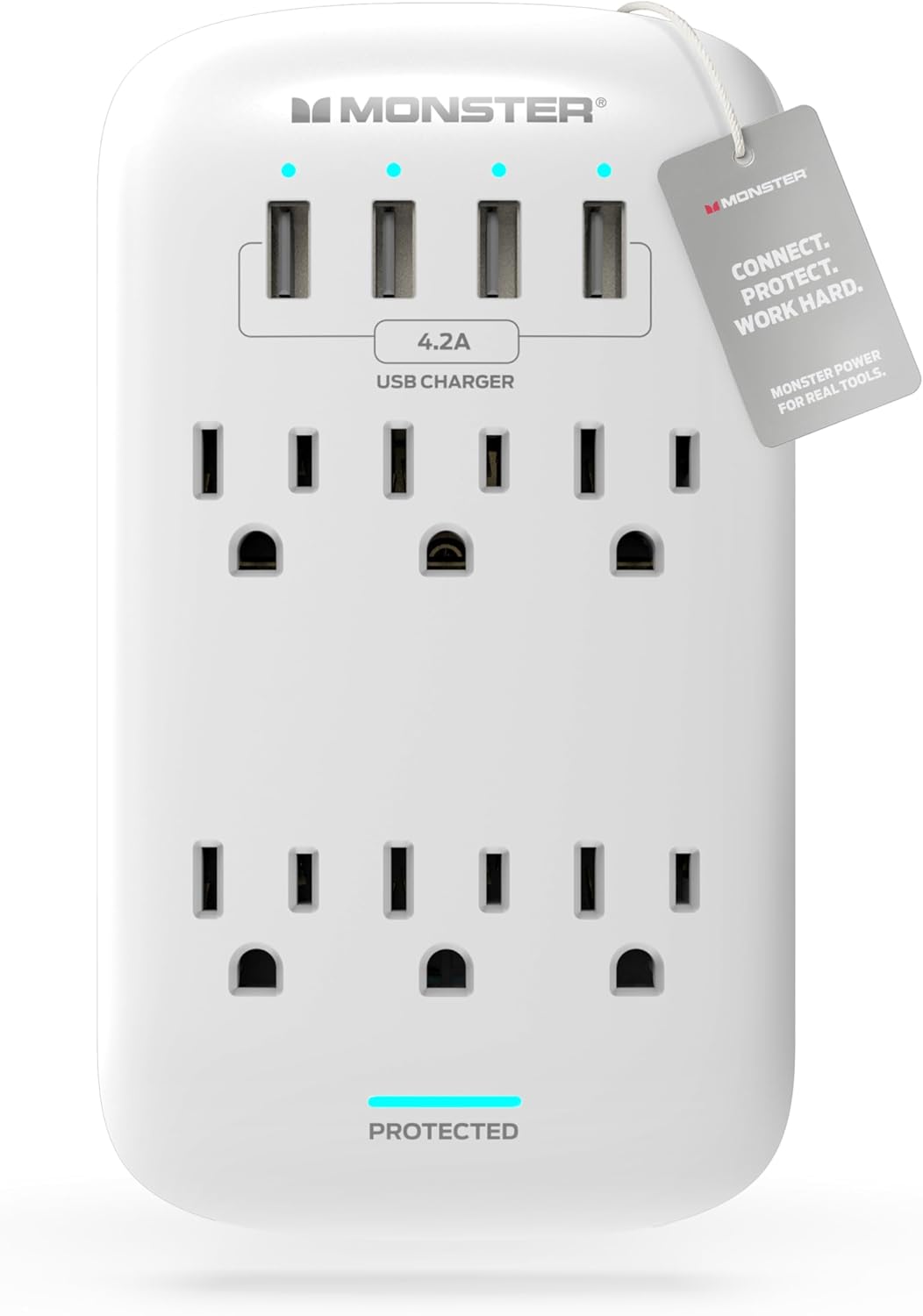 Monster 6 Outlet Wall Plug Surge Protector w/ 980 Joules Rating — Safe, Reliable Outlet Extender w/ 4 USB-A Charging Ports — Fireproof MOV, ETL Listed, Dual Mode Wall Plugs with USB Ports (White)