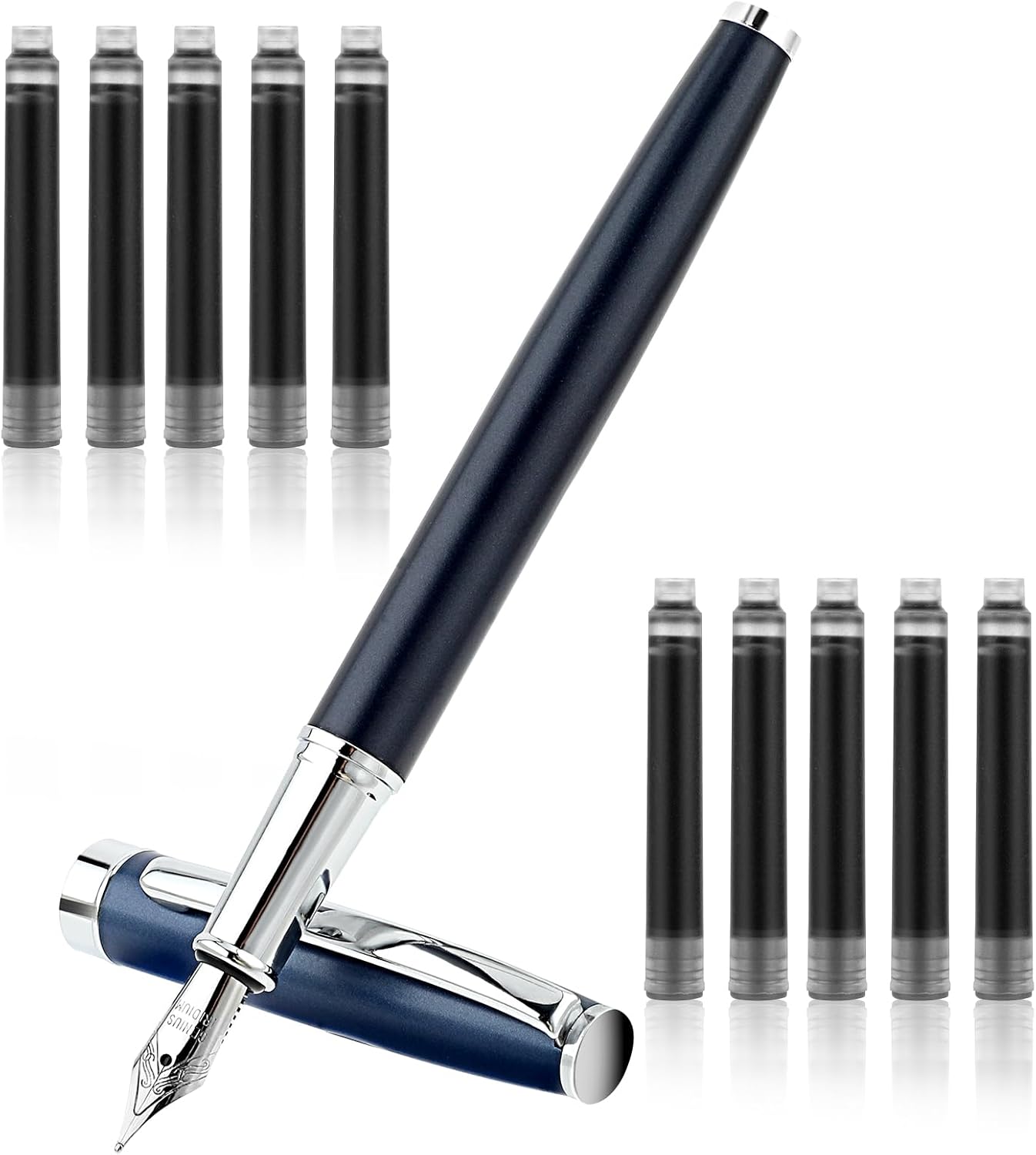 TIESOME Metal Fountain Pen Set, 0.5mm Fine Nib Fountain Pen with 10 2.6mm Black Ink Cartridges Luxury Calligraphy Pens Smooth Writing Pen Gift for Office School Business Supplies(Blue)