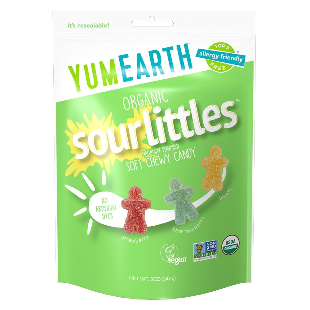YumEarth Organic Sour Littles Chewy Candy - Allergy Friendly (Top 9 Free), No Artificial Dyes or Flavors, Non GMO, Gluten Free, Vegan Candy Snacks - 5 Ounce Bag