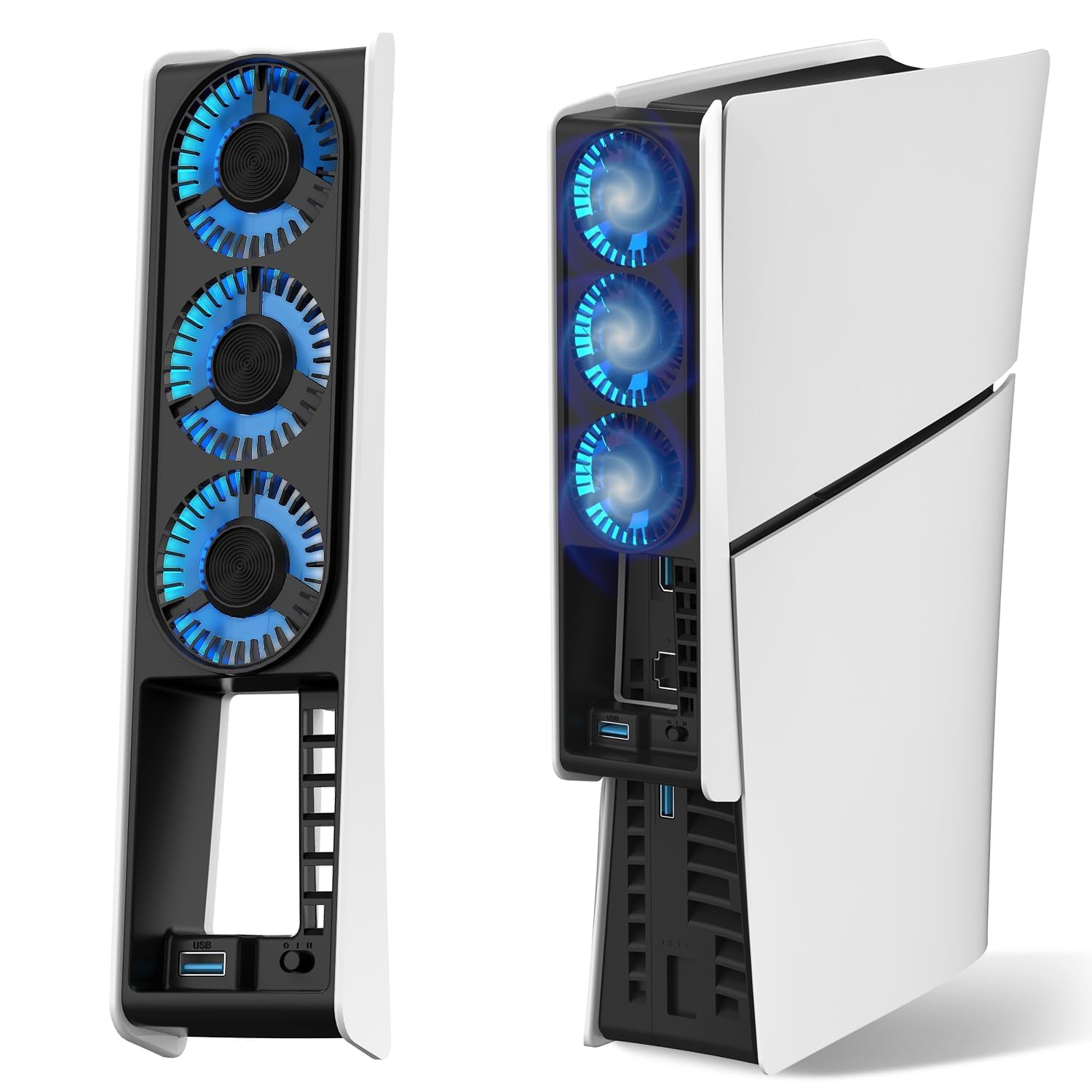 GODT GAME Turbo Cooling Fan for PS5 Slim Accessory – Compatible with Digital Disc Editions, USB Powered with Dual-Speed, LED Light & USB 3.0 Port (White)