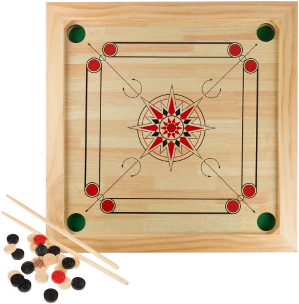 Carrom Board Game - Wooden Strike and Pocket Game Set with Group of Black and Beige Coins, 2 Red Queen Coins, Striker Coin, and Cue Sticks by Hey Play