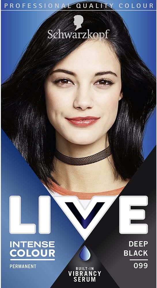 Schwarzkopf LIVE Intense Colour, Long Lasting Permanent Black Hair Dye, With Built-In Vibrancy Serum, Up To 100% Grey Coverage- Deep Black 099