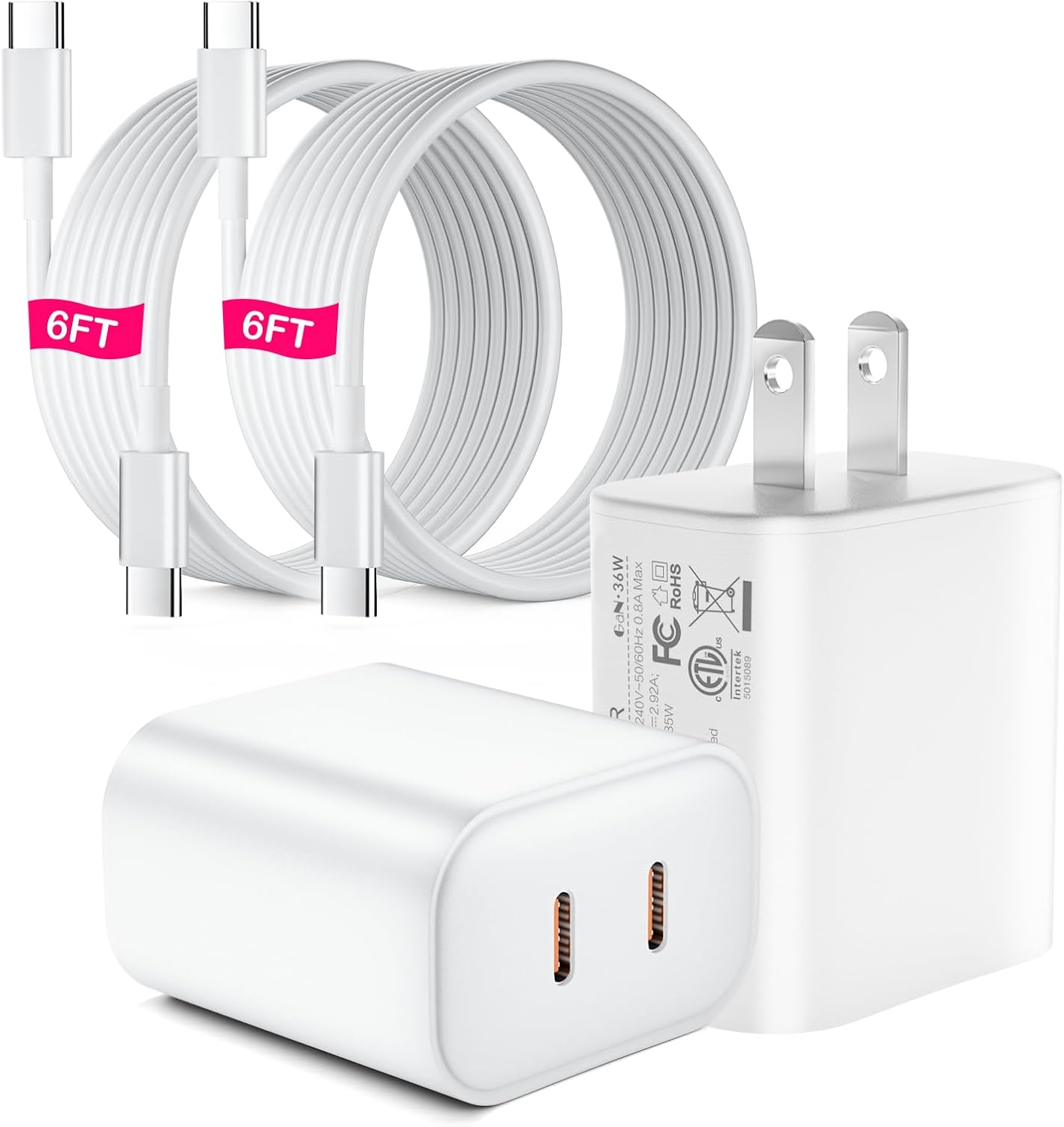 USB C Charger for iPhone 16, 2 Pack PD 36W Dual USB C Port Wall Fast Charger Adapter with 2 Pcs 6 FT USB-C to C Fast Charging Cable Compatible with iPhone 16/15,i Pad, Samsung