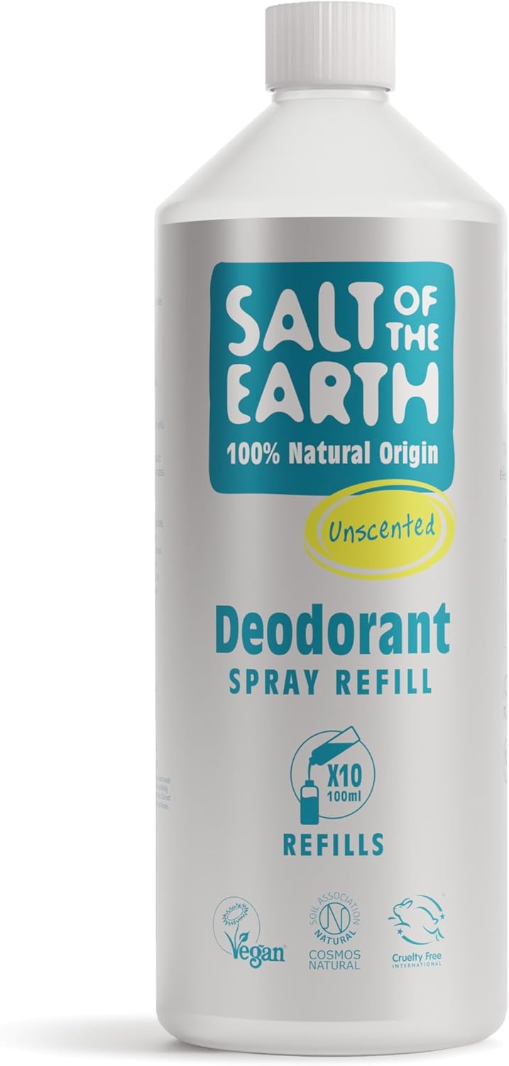 Salt Of the Earth Natural Deodorant Spray Refill, Unscented, Fragrance Free - Vegan, Long Lasting Protection, Leaping Bunny Approved, Made in the UK, 1000 ml