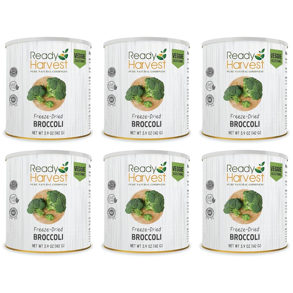 Ready Harvest Freeze-Dried Broccoli Florets Freeze-Dried Pantry Staples Survival Food Emergency Canned Vegetables Long-Term Supply Survival Food 25-Year Shelf Life #10 Can 5.9oz 6 Cans