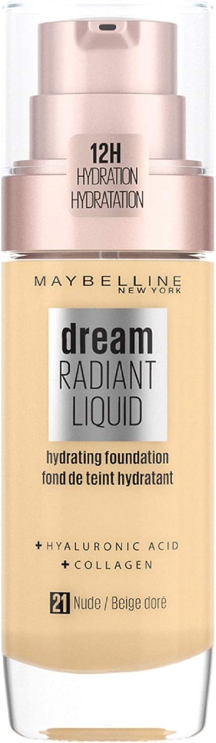 Maybelline Foundation, Dream Radiant Liquid Hydrating Foundation with Hyaluronic Acid and Collagen - Lightweight, Medium Coverage Up to 12 Hour Hydration - 21 Nude